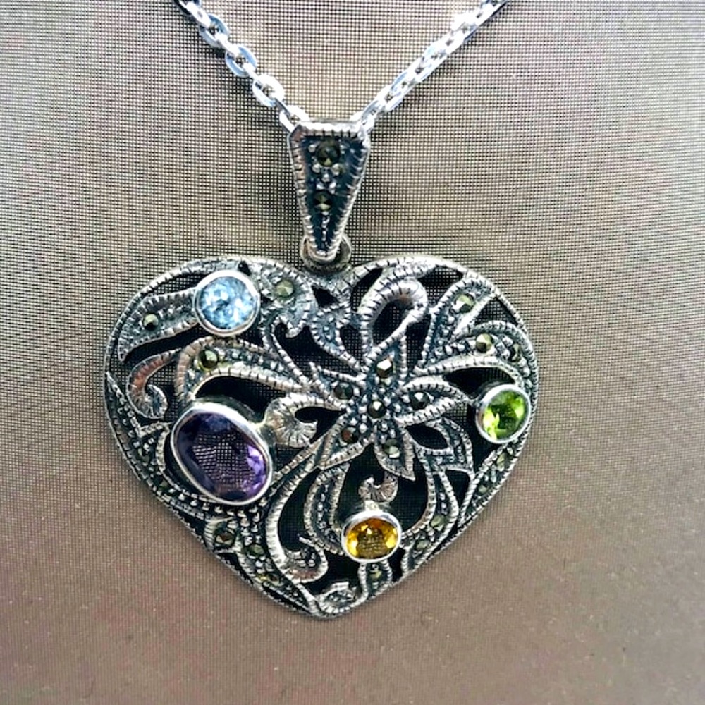 Silver Marcasite, Peridot, Citrine, Amethyst & Blue Topaz Pendant & 18” Chain